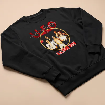 Vintage style UFO U.S. Tour 1978 band t-shirt with bold lettering — printed on a unisex sweatshirt