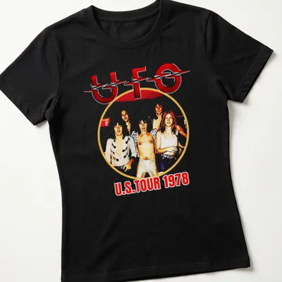 Vintage style UFO U.S. Tour 1978 band t-shirt with bold lettering — printed on a women's shirt