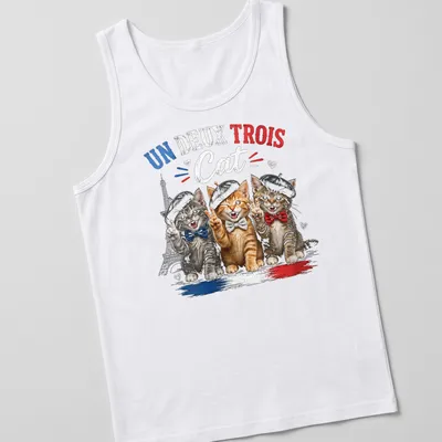 Colorful cartoon print of three cats in berets with the text Un Deux Trois Cat — printed on a tank top