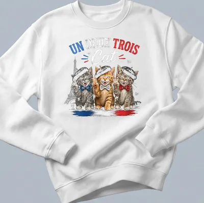 Colorful cartoon print of three cats in berets with the text Un Deux Trois Cat — printed on a unisex sweatshirt
