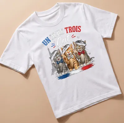 Colorful cartoon print of three cats in berets with the text Un Deux Trois Cat