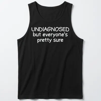 Funny t-shirt with text 'UNDIAGNOSED but everyone's pretty sure' — printed on a tank top