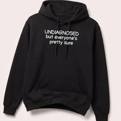 Funny t-shirt with text 'UNDIAGNOSED but everyone's pretty sure' — printed on a unisex hoodie