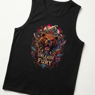 Fantasy illustration of a fierce bear holding storm axes with bold text. — printed on a tank top