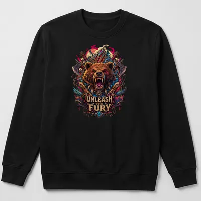 Fantasy illustration of a fierce bear holding storm axes with bold text. — printed on a unisex sweatshirt