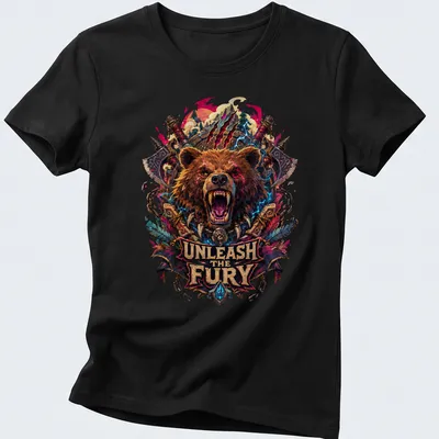 Fantasy illustration of a fierce bear holding storm axes with bold text. — printed on a women's shirt