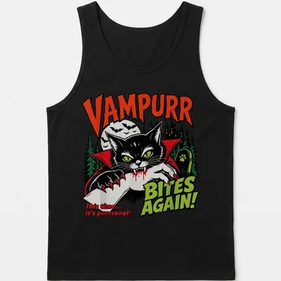 Vintage Halloween tee with a black cat in a vampire cape and humorous text — printed on a tank top