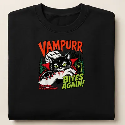 Vintage Halloween tee with a black cat in a vampire cape and humorous text — printed on a unisex sweatshirt