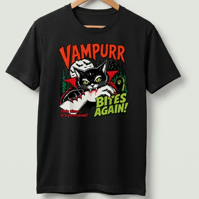 Vintage Halloween tee with a black cat in a vampire cape and humorous text