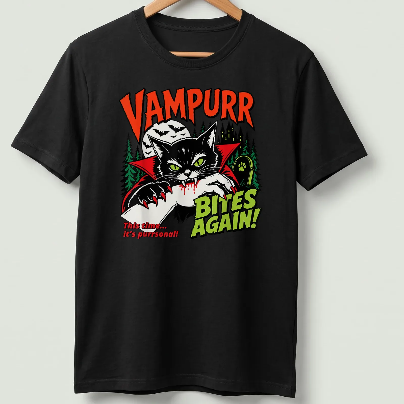 Vintage Halloween tee with a black cat in a vampire cape and humorous text — printed on a unisex t-shirt