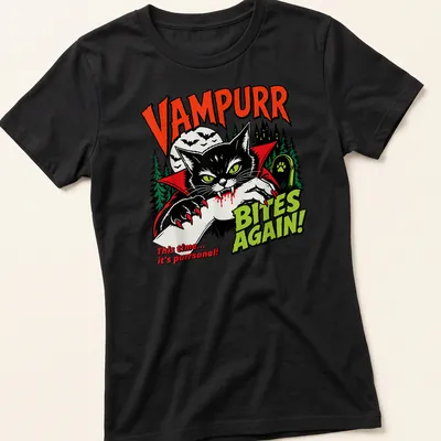 Vintage Halloween tee with a black cat in a vampire cape and humorous text — printed on a women's shirt