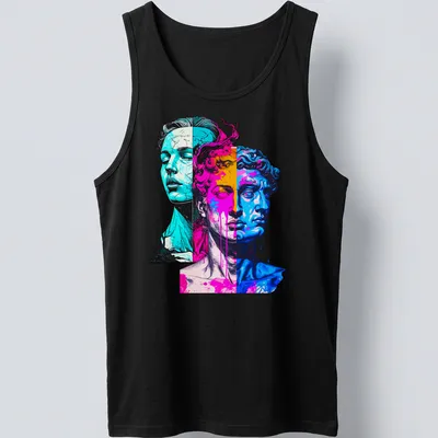 Vaporwave design featuring antiquity busts in neon colors on a — printed on a tank top