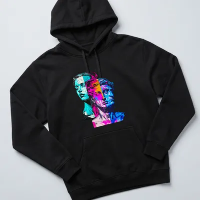 Vaporwave design featuring antiquity busts in neon colors on a — printed on a unisex hoodie