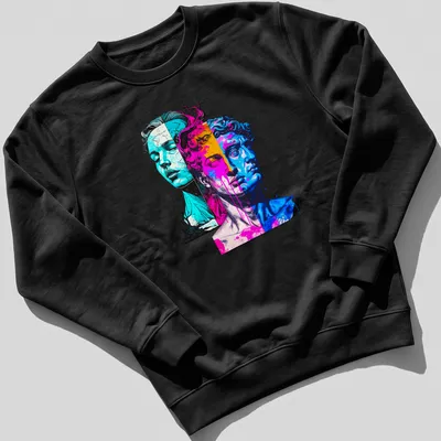 Vaporwave design featuring antiquity busts in neon colors on a — printed on a unisex sweatshirt