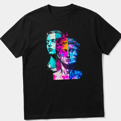 Vaporwave design featuring antiquity busts in neon colors on a — printed on a unisex t-shirt
