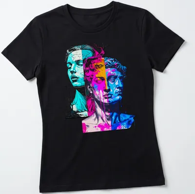 Vaporwave design featuring antiquity busts in neon colors on a — printed on a women's shirt