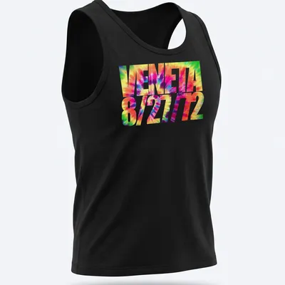 Vibrant tie-dye design with VENETA 8/27/72 text in multiple colors — printed on a tank top