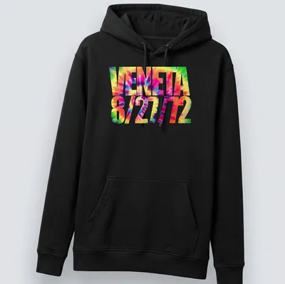 Vibrant tie-dye design with VENETA 8/27/72 text in multiple colors — printed on a unisex hoodie