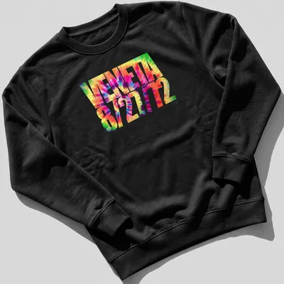 Vibrant tie-dye design with VENETA 8/27/72 text in multiple colors — printed on a unisex sweatshirt