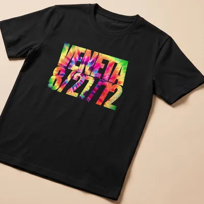 Vibrant tie-dye design with VENETA 8/27/72 text in multiple colors