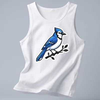 Cartoon Blue Jay perched on a branch with vibrant colors — printed on a tank top
