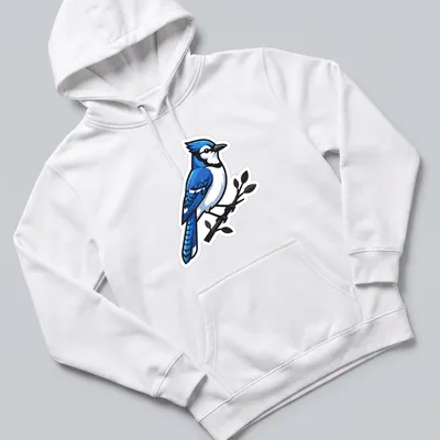Cartoon Blue Jay perched on a branch with vibrant colors — printed on a unisex hoodie