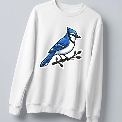 Cartoon Blue Jay perched on a branch with vibrant colors — printed on a unisex sweatshirt