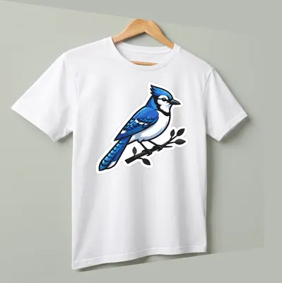 Cartoon Blue Jay perched on a branch with vibrant colors — printed on a unisex t-shirt (angled view)