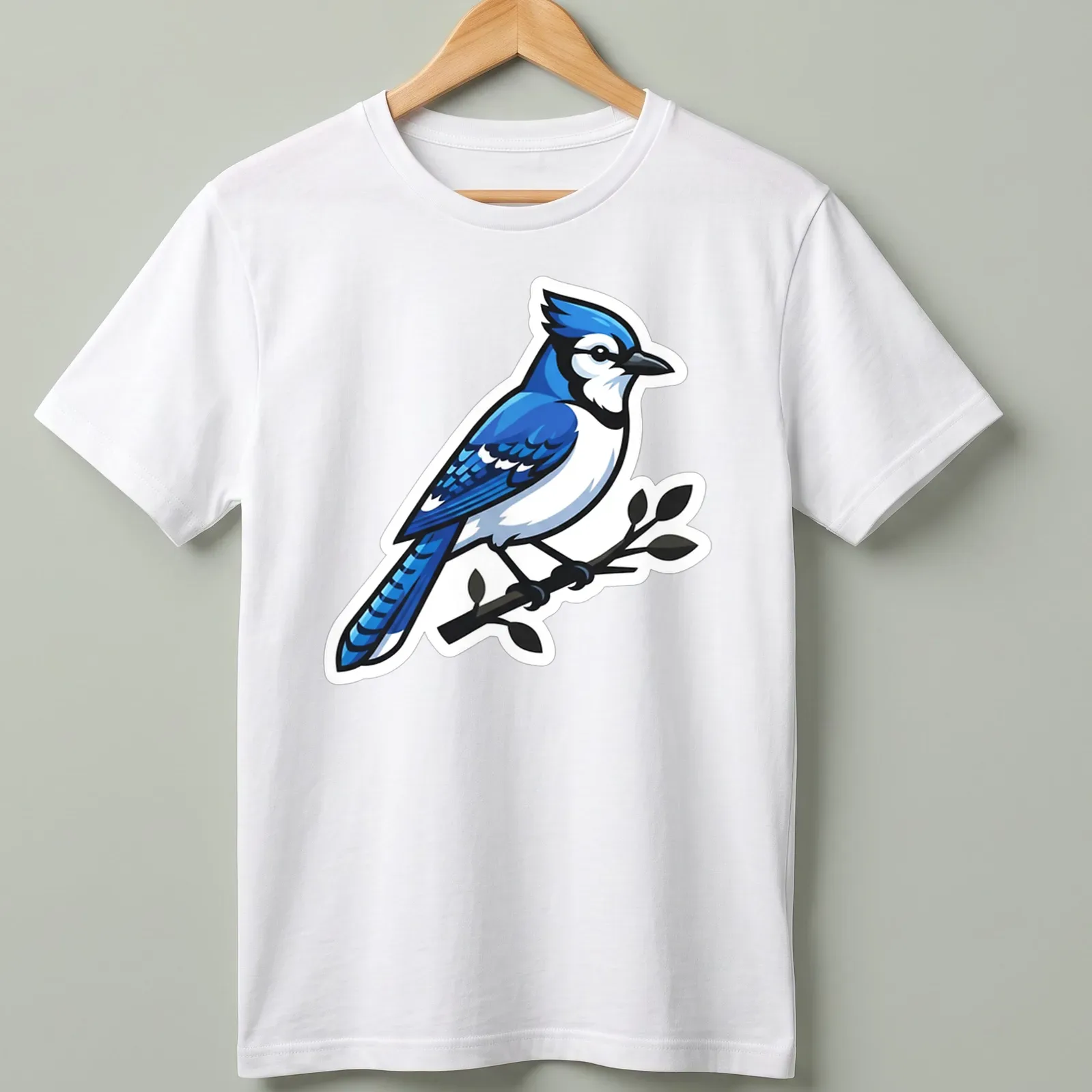 Cartoon Blue Jay perched on a branch with vibrant colors — printed on a unisex t-shirt