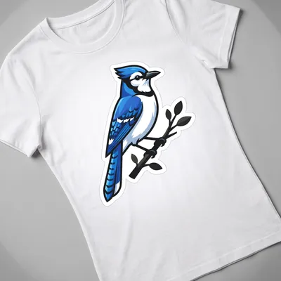 Cartoon Blue Jay perched on a branch with vibrant colors — printed on a women's shirt