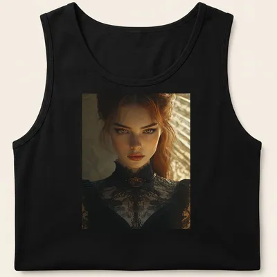 Illustration of a redhead woman in lace attire in black, brown, and gold tones — printed on a tank top