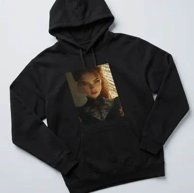Illustration of a redhead woman in lace attire in black, brown, and gold tones — printed on a unisex hoodie