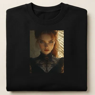 Illustration of a redhead woman in lace attire in black, brown, and gold tones — printed on a unisex sweatshirt