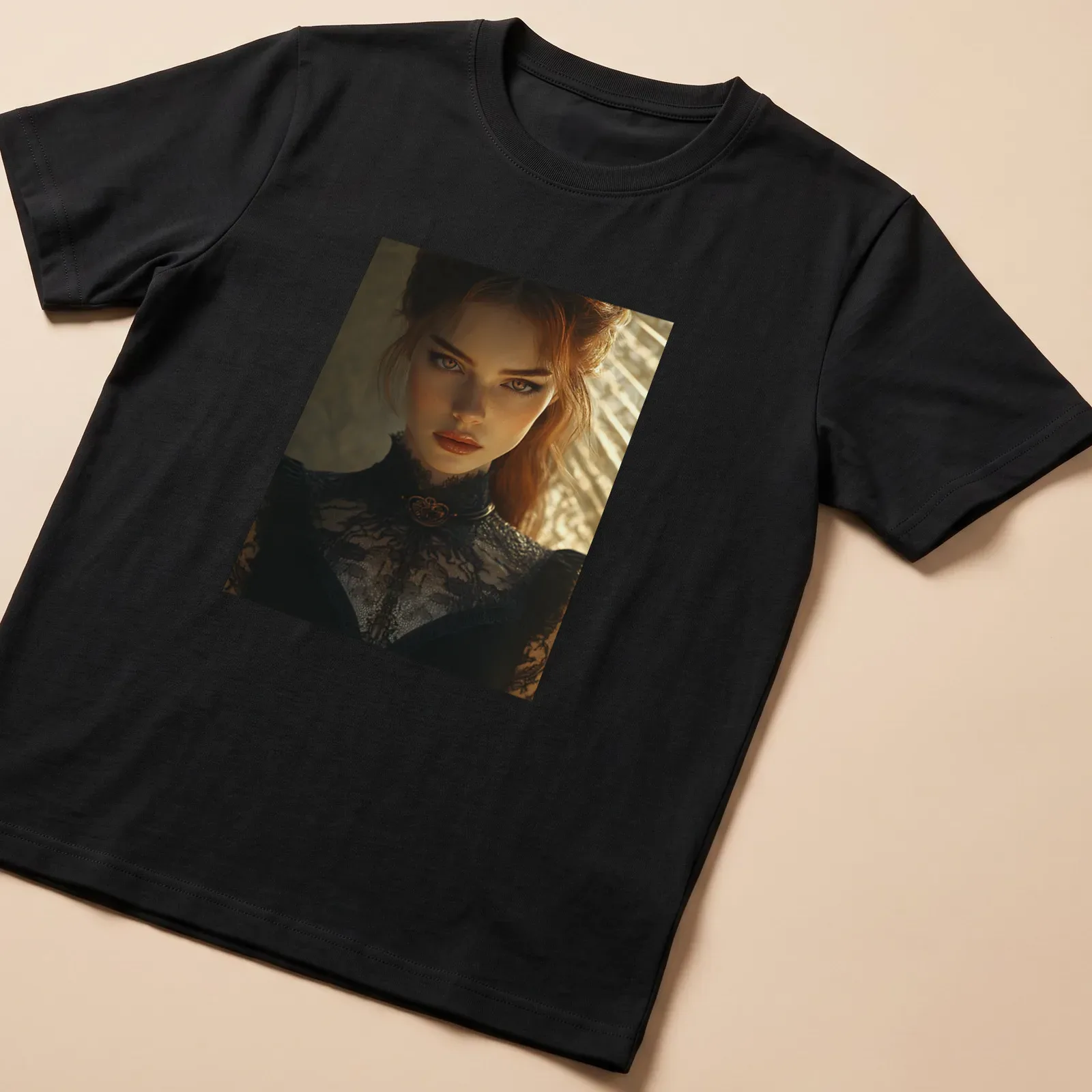 Illustration of a redhead woman in lace attire in black, brown, and gold tones — printed on a unisex t-shirt