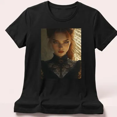 Illustration of a redhead woman in lace attire in black, brown, and gold tones — printed on a women's shirt