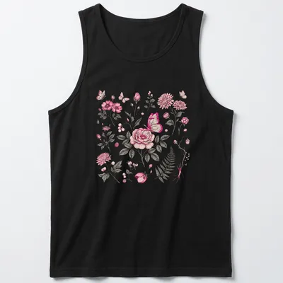 Vintage botanical print featuring pink flowers and butterflies — printed on a tank top
