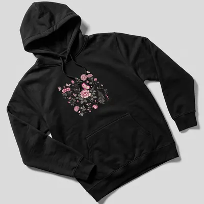 Vintage botanical print featuring pink flowers and butterflies — printed on a unisex hoodie