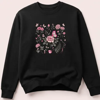 Vintage botanical print featuring pink flowers and butterflies — printed on a unisex sweatshirt