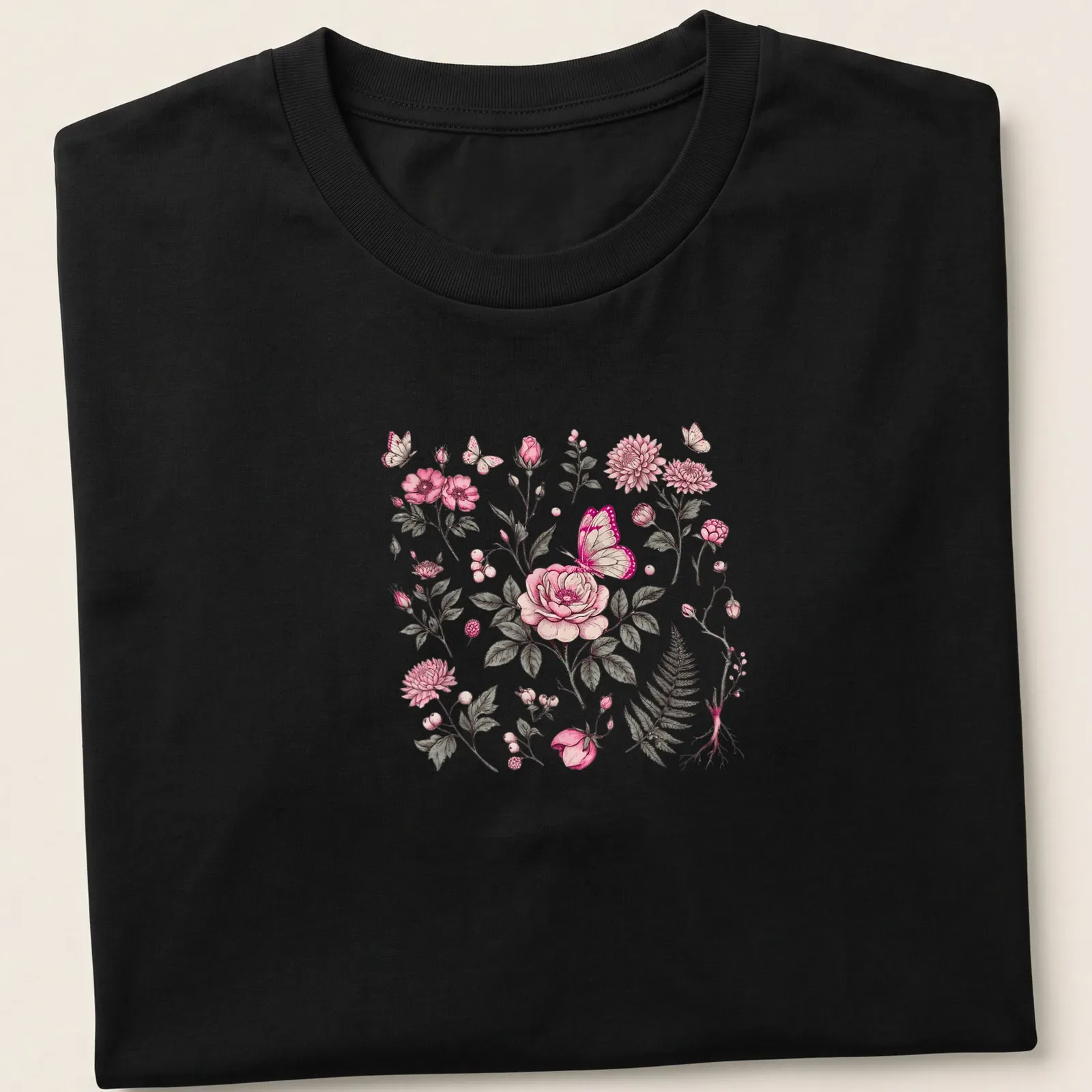 Vintage botanical print featuring pink flowers and butterflies — printed on a unisex t-shirt