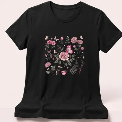 Vintage botanical print featuring pink flowers and butterflies — printed on a women's shirt