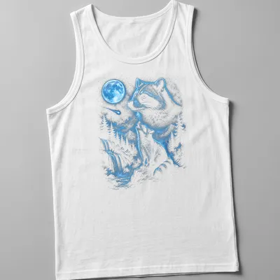 Vintage distressed t-shirt featuring a raccoon howling at the moon in a 90s meme style — printed on a tank top