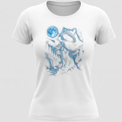 Vintage distressed t-shirt featuring a raccoon howling at the moon in a 90s meme style — printed on a women's shirt