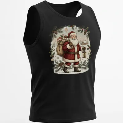 Vintage illustration of Santa Claus carrying gifts and a lantern — printed on a tank top