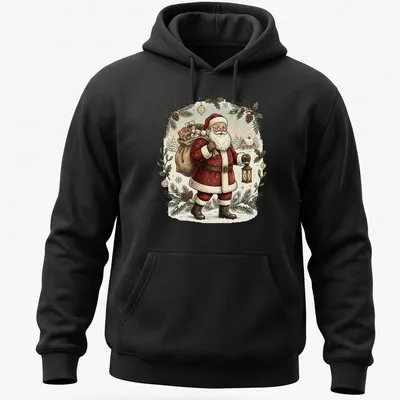Vintage illustration of Santa Claus carrying gifts and a lantern — printed on a unisex hoodie