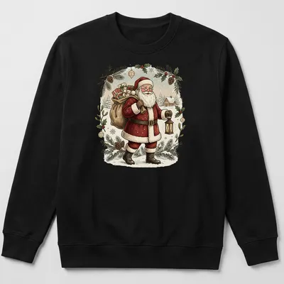 Vintage illustration of Santa Claus carrying gifts and a lantern — printed on a unisex sweatshirt