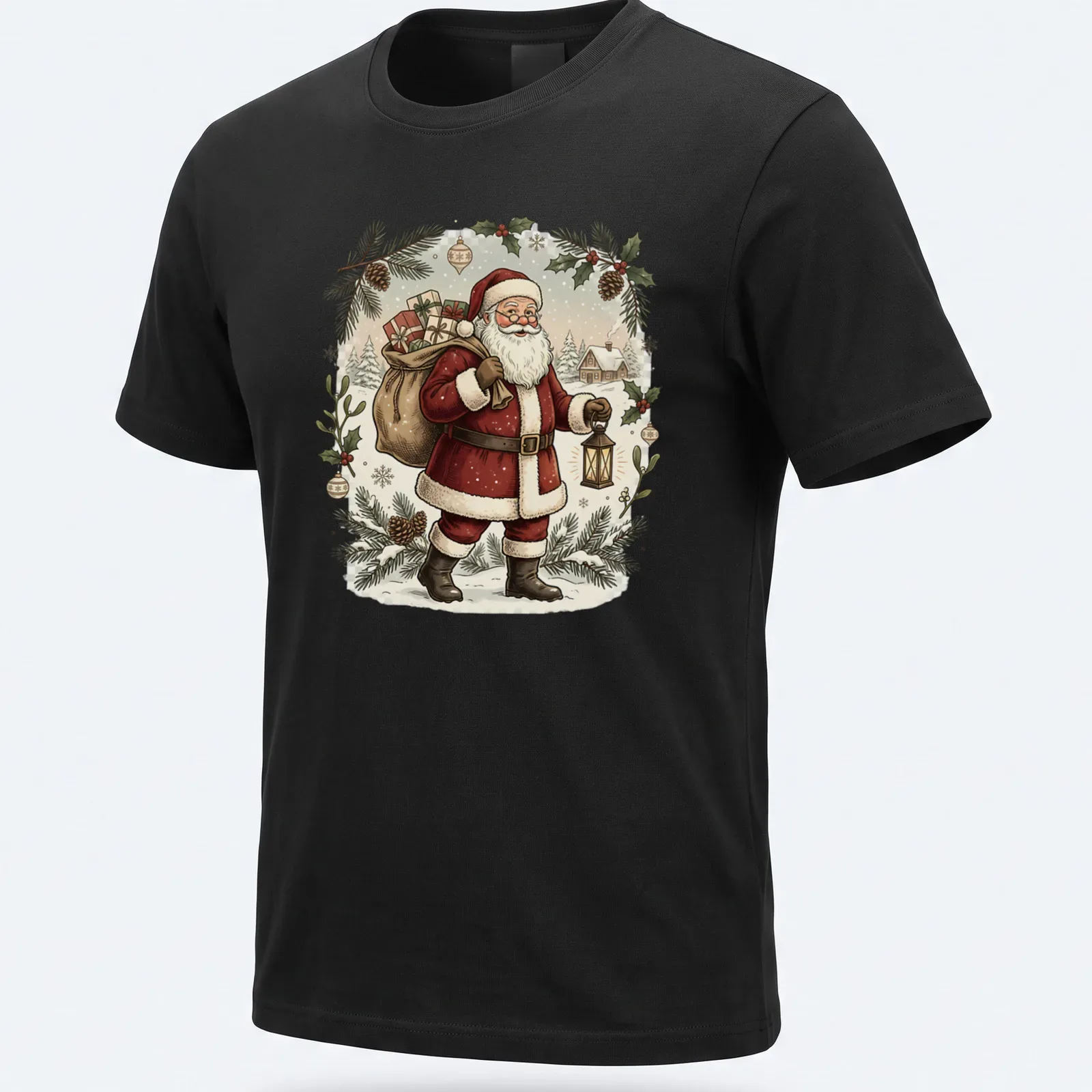 Vintage illustration of Santa Claus carrying gifts and a lantern — printed on a unisex t-shirt
