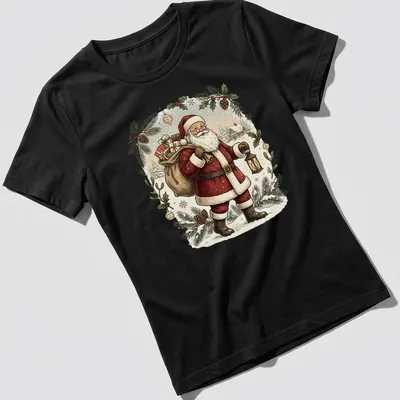 Vintage illustration of Santa Claus carrying gifts and a lantern — printed on a women's shirt