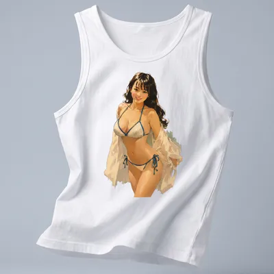 Retro beach babe in bikini illustration on a vintage style — printed on a tank top