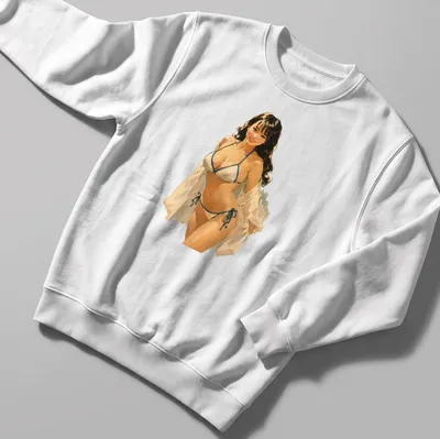 Retro beach babe in bikini illustration on a vintage style — printed on a unisex sweatshirt