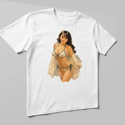 Retro beach babe in bikini illustration on a vintage style — printed on a unisex t-shirt (angled view)